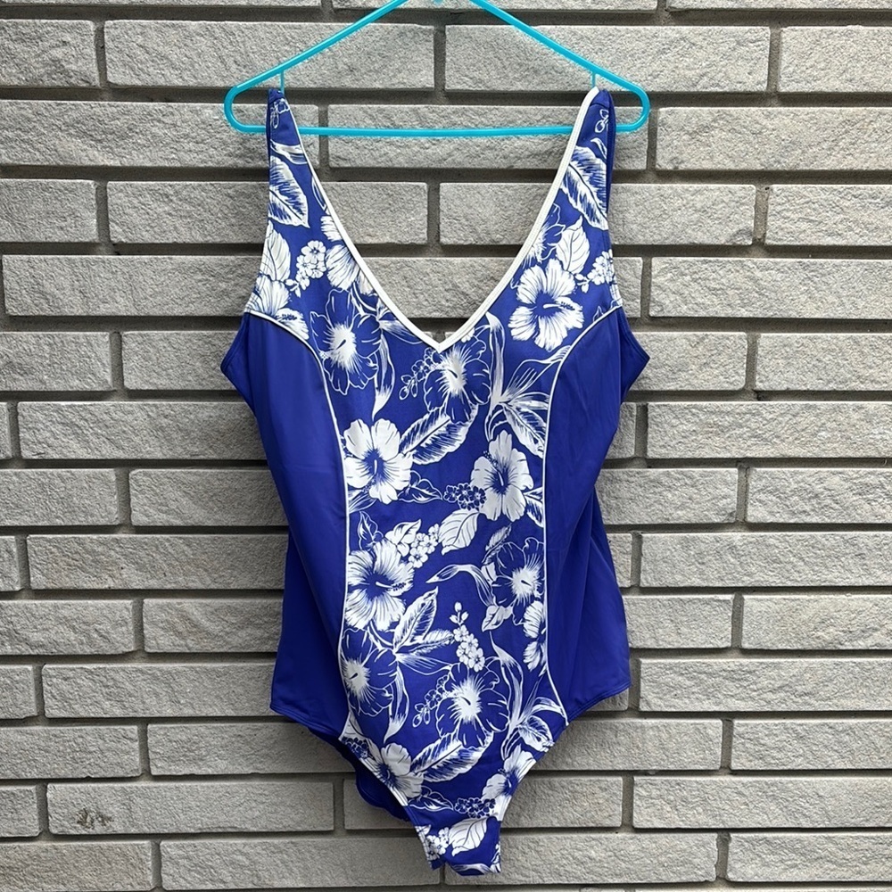 Ellos Blue Colourblock Floral One Piece Swimsuit with Shelf Bra 24W